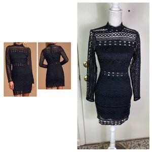 Lulu's women’s Sz S Black Crochet high neck Long Sleeve bodycon lined Dress NWT